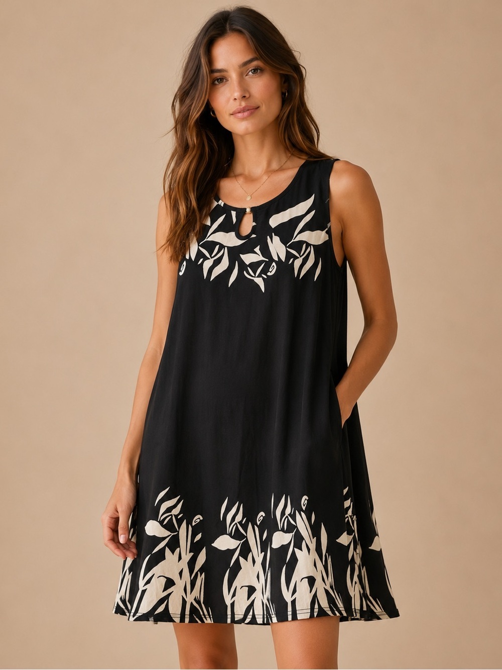 Black & Ivory Botanical Sleeveless Swing Dress Keyhole Neck